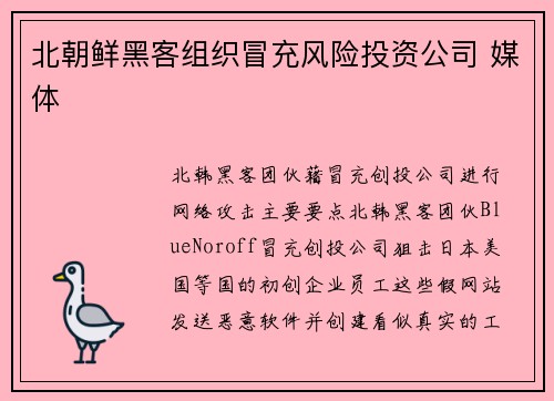 北朝鲜黑客组织冒充风险投资公司 媒体