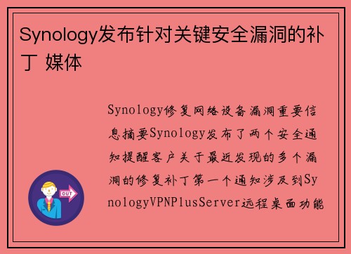 Synology发布针对关键安全漏洞的补丁 媒体